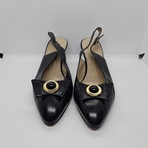 Bruno Magli vintage black leather slingback kitten heels with bow detail 7.5B